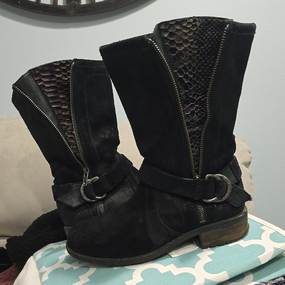 UGG Black Suede Combat Boots with Snakeskin Accent
